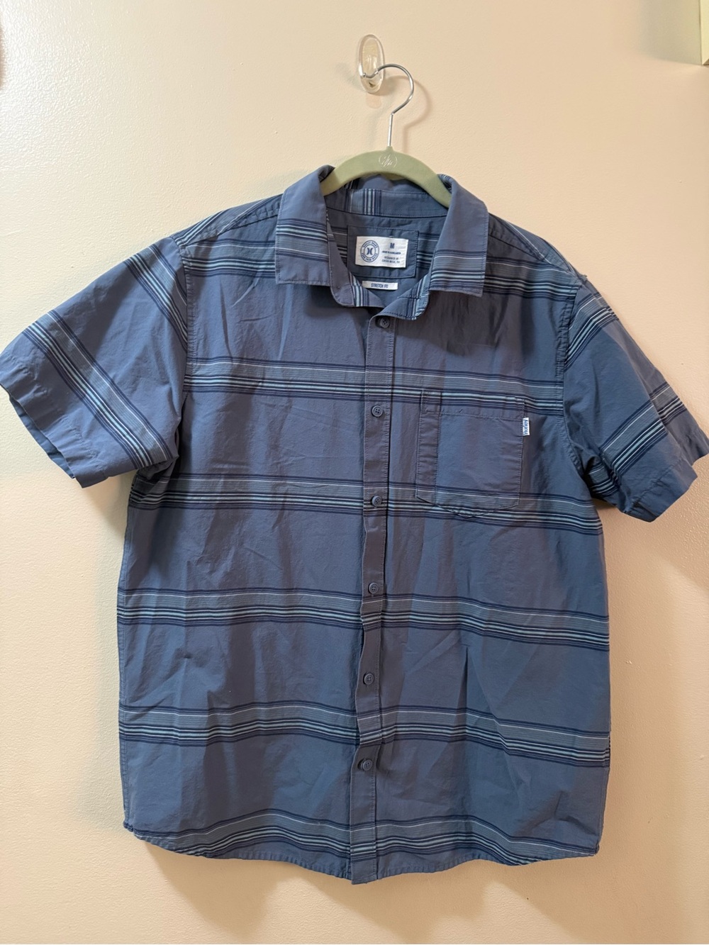 Hurley Blue Short-Sleeve Button-Down Shirt with Subtle Stripes